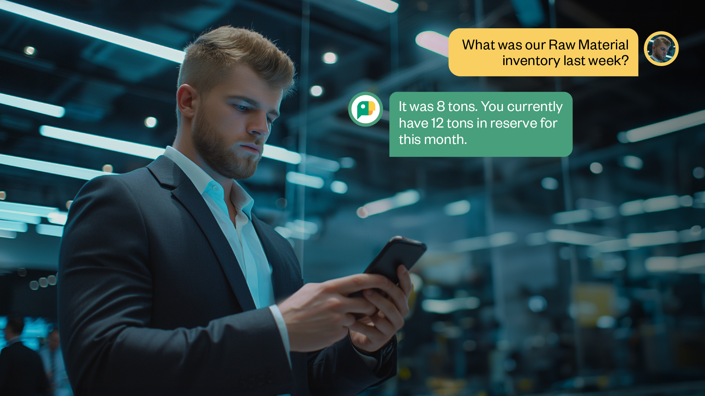 Manager enquiring about raw material inventory with ParrotGPT, and ParrotGPT responding