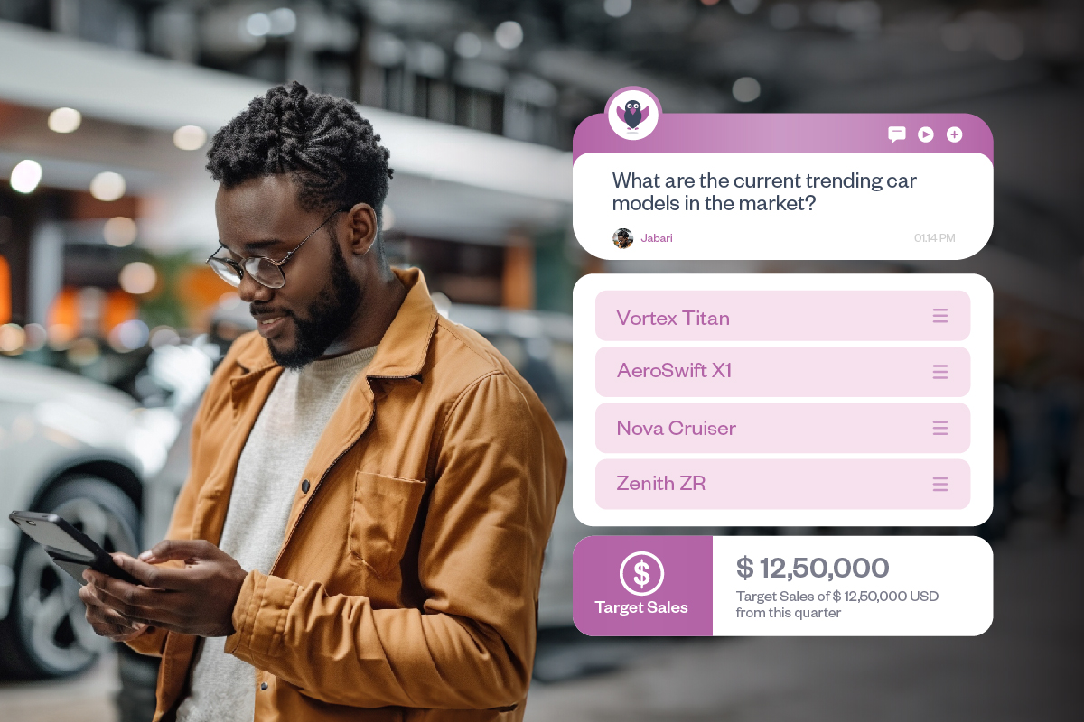 The sales manager is asking "What are the current trending car models in the market?" and the tool shows relevant answers.